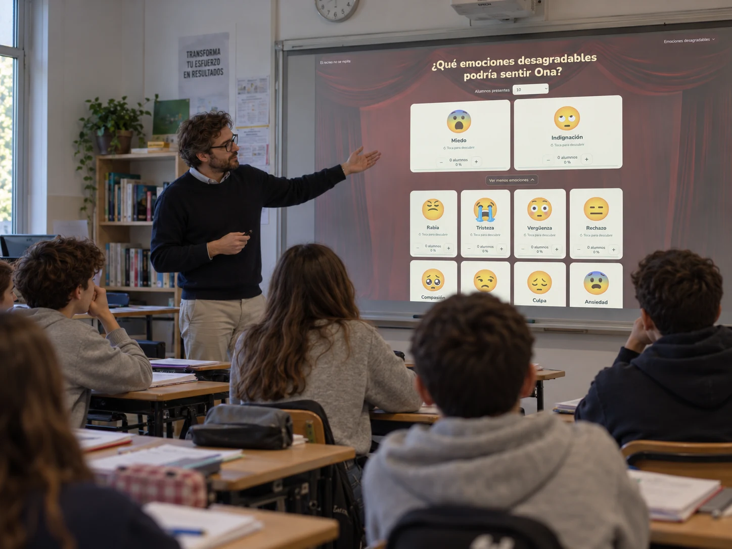Docente y grupo de alumnos trabajando las emociones en una pantalla interactiva del aula