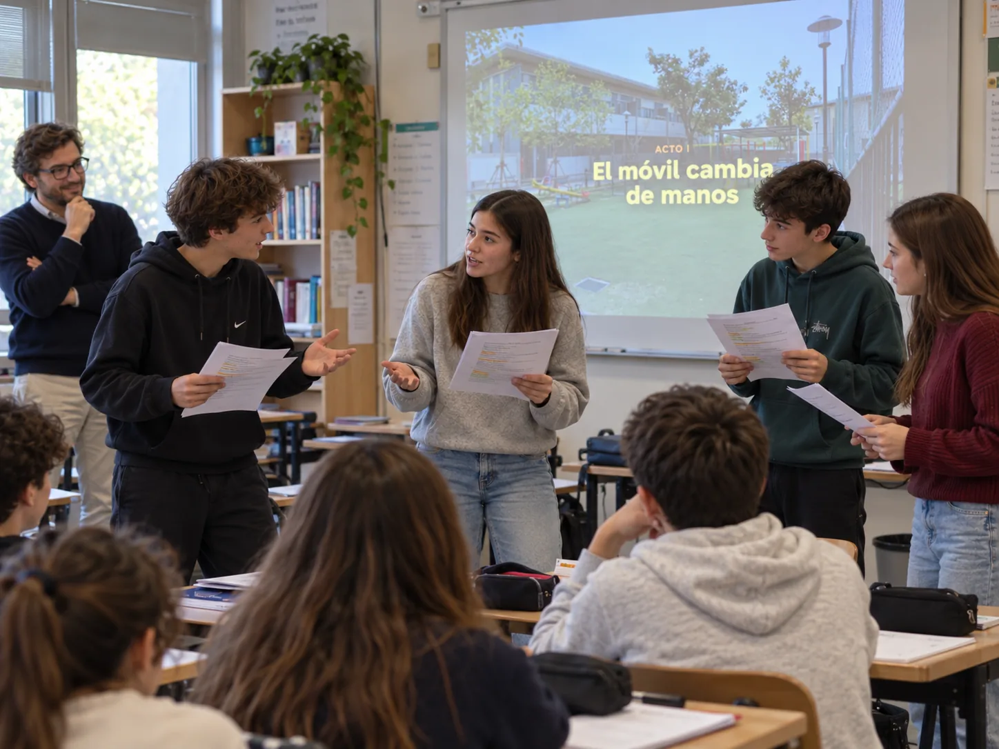 Cuatro alumnos representan el Acto 1 de un reto de Emotional Play en el aula con sus guiones, mientras el docente observa