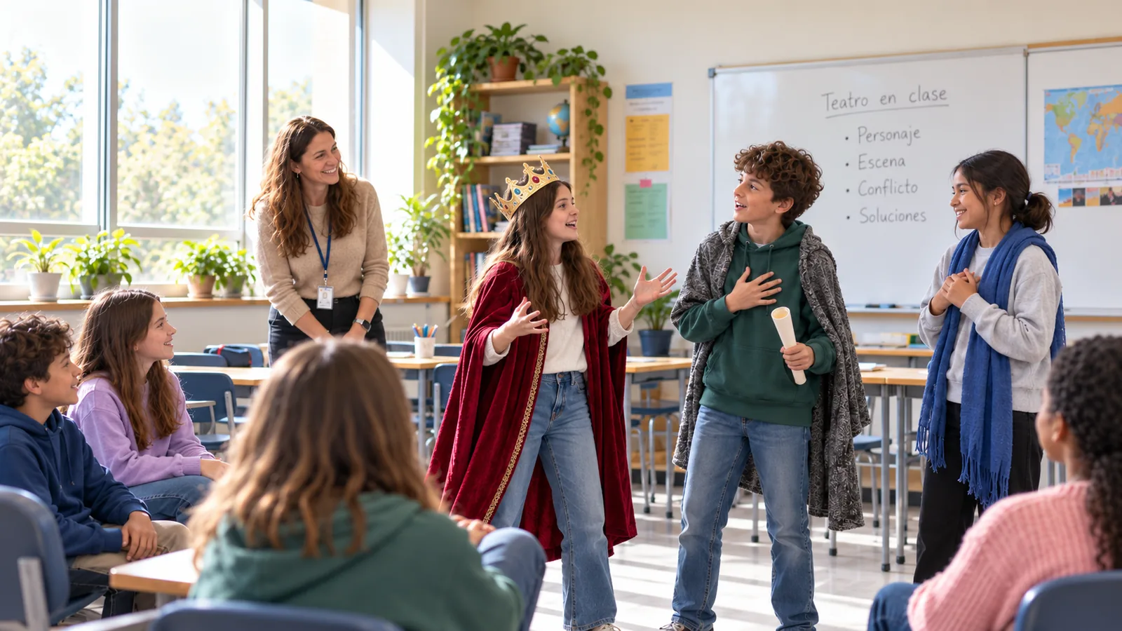Tres estudiantes representan una escena de teatro en clase ante sus compañeros, con una docente observando